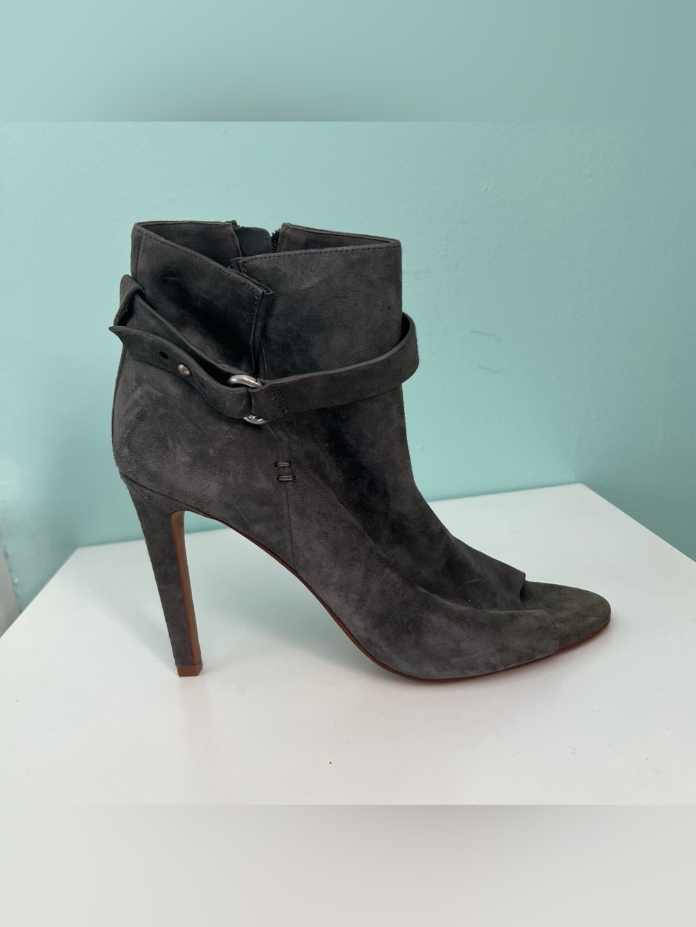 BCBG Charcoal Gray Suede High-Heel Ankle Booties with Strap